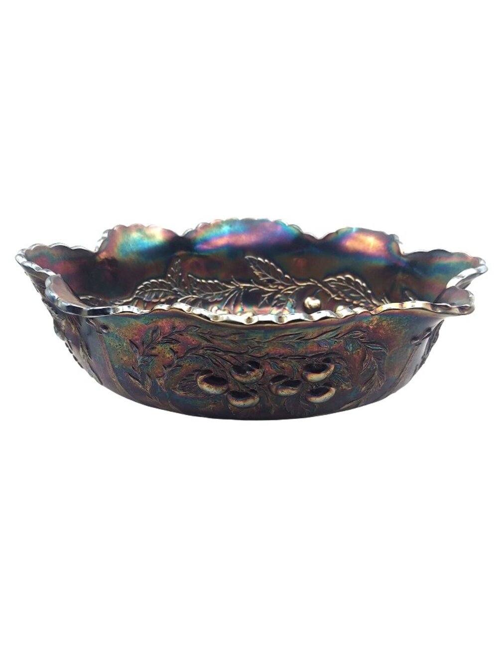 Dugan Carnival Glass Fruit Bowl Wreathed Cherries Iridescent Amethyst Antique